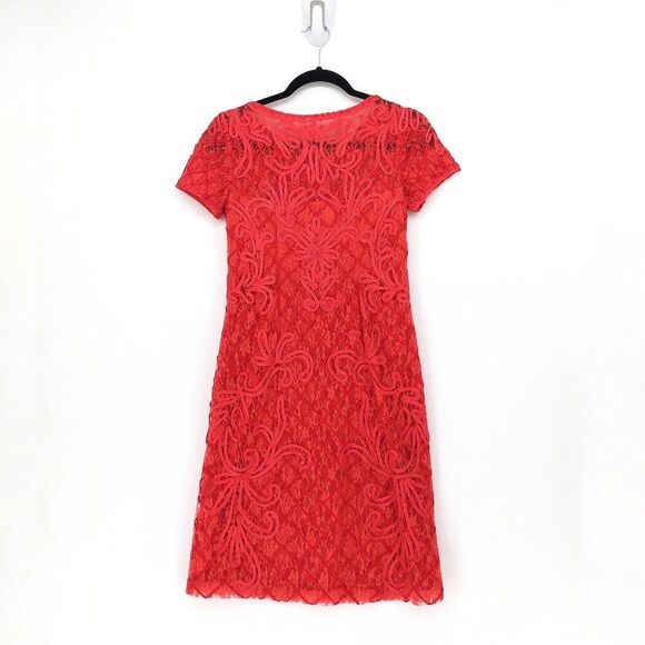 Sue Wong Women 0 Dress Red Embroidered Lace Cocktail Evening Short Sleeve - Picture 5 of 6